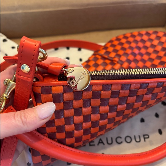 Clare V. Petite Moyen Bright Poppy and Bordeaux Woven Checker Bag - Picture 7 of 16